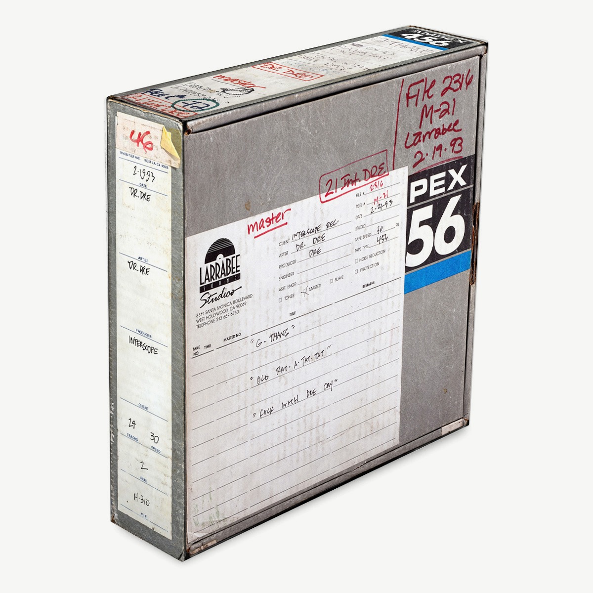 Replica Ampex tape box reproducing an original Chronic session reel