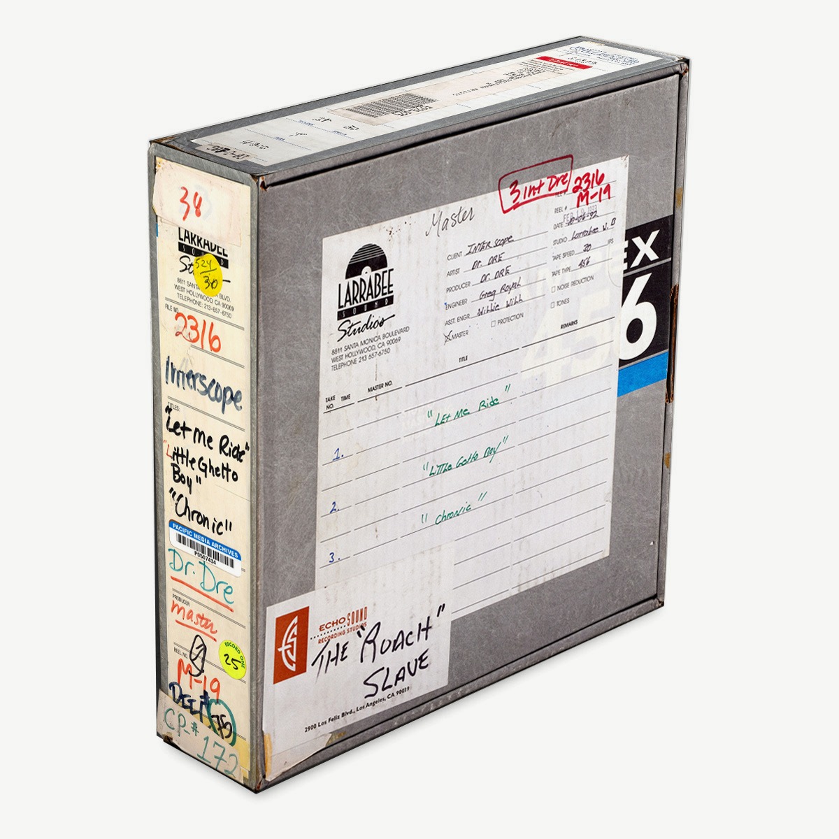 Replica Ampex tape box reproducing an original Chronic session reel