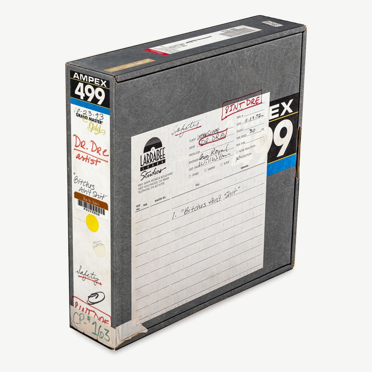 Replica Ampex tape box reproducing an original Chronic session reel