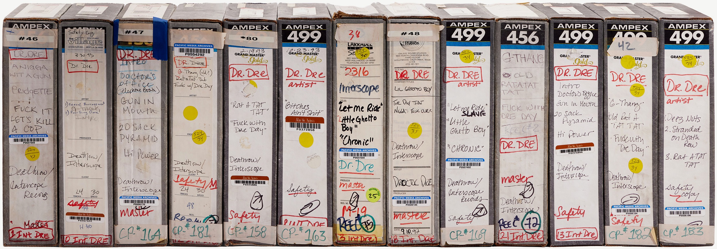 Original Ampex master tape boxes from The Chronic sessions