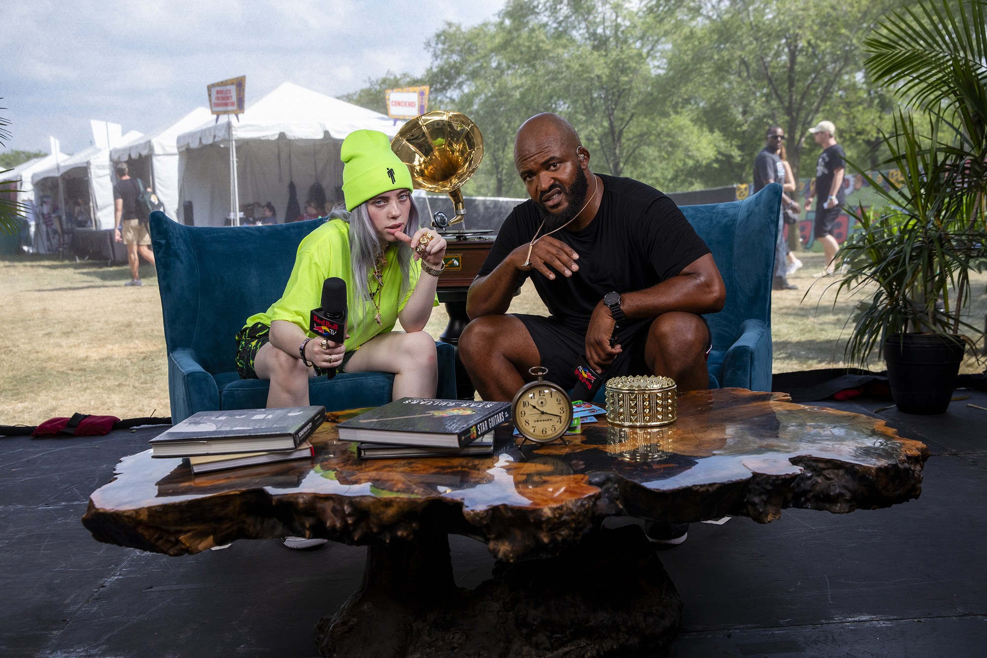 An outdoor interview set during a Red Bull TV production